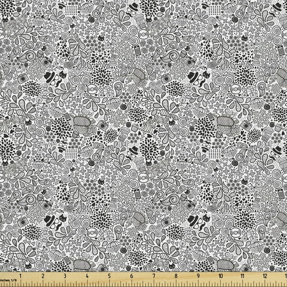 Ambesonne Foliage Fabric by the Yard Upholstery, Hipster Cupcake Tea, 5 Yards, Black White