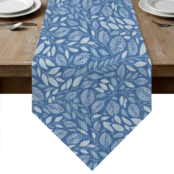Foliage Leaves Table Runner Linen Burlap Table Runner 48 Inches Long Vines Stems Twigs Ferns Zen Minimalist Dresser Scarves for Kitchen Island Coffee Dining Room Party Holiday Decoration 13"x48"
