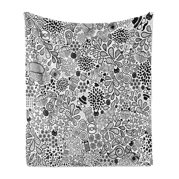 Foliage Soft Flannel Fleece Blanket, Hipster Inspired Abstract Drawing Cupcake Tea Umbrella Leaves and Many Other Shape, Cozy Plush for Indoor and Outdoor Use, 60" x 80", Black White, by Ambesonne