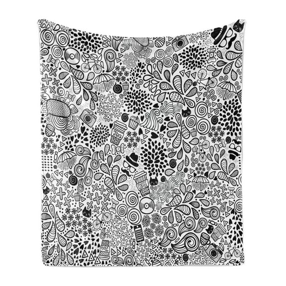 Foliage Soft Flannel Fleece Blanket, Hipster Inspired Abstract Drawing Cupcake Tea Umbrella Leaves and Many Other Shape, Cozy Plush for Indoor and Outdoor Use, 50" x 70", Black White, by Ambesonne