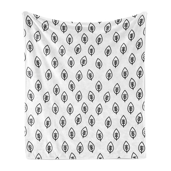 Foliage Soft Flannel Fleece Blanket, Minimalist Leaf Pattern Spring Nature Eco Rural Inspired Simplistic Art Design, Cozy Plush for Indoor and Outdoor Use, 70" x 90", Black and White, by Ambesonne