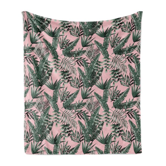 Foliage Soft Flannel Fleece Blanket, Tropical Theme Exotic Banana Leaves Along Shadow in Green Tones on Pink Background, Cozy Plush for Indoor and Outdoor Use, 50" x 60", Multicolor, by Ambesonne