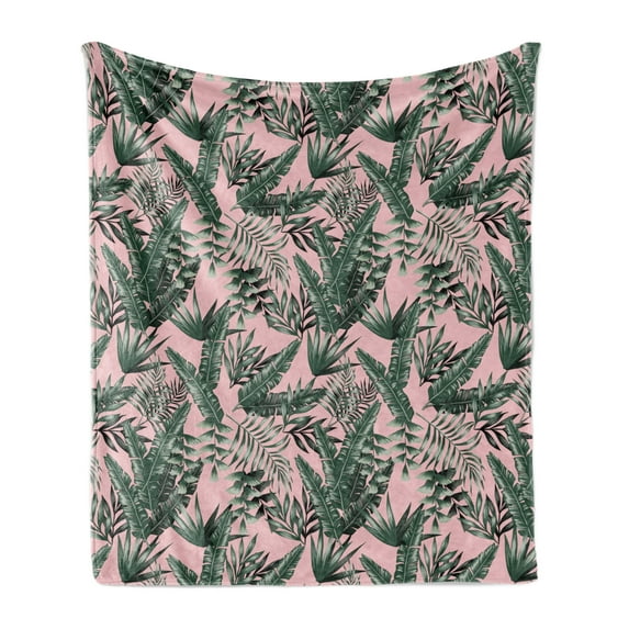 Foliage Soft Flannel Fleece Blanket, Tropical Theme Exotic Banana Leaves Along Shadow in Green Tones on Pink Background, Cozy Plush for Indoor and Outdoor Use, 70" x 90", Multicolor, by Ambesonne