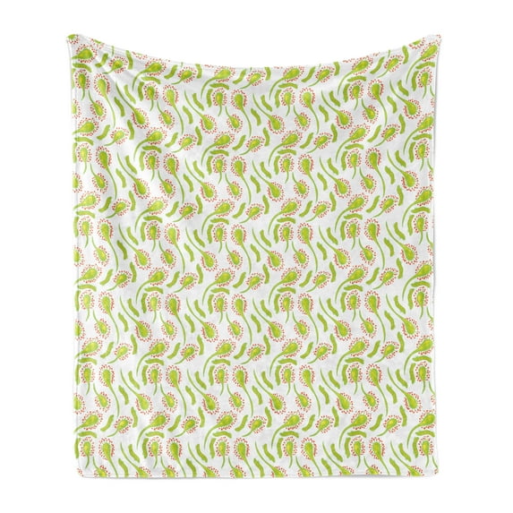 Foliage Soft Flannel Fleece Throw Blanket, Sundew Plant and Larva Doodle Carnivorous Plant Illustration, Cozy Plush for Indoor and Outdoor Use, 60" x 80", Apple Green Vermilion, by Ambesonne
