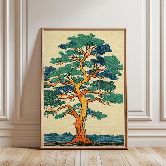 Foliage Tree Branching Green Blue Woodcut Orange Trunk Nature Wall Decor, Unframed Paper Poster 8x10in