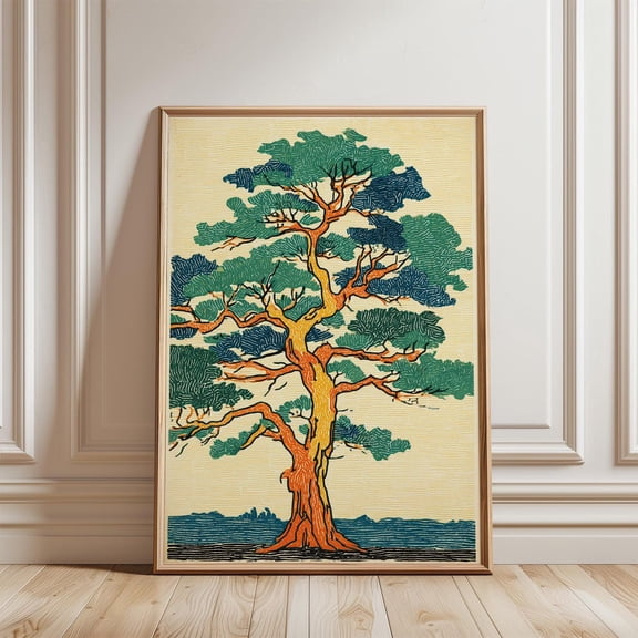 Foliage Tree Branching Green Blue Woodcut Orange Trunk Nature Wall Decor Unframed Paper Print