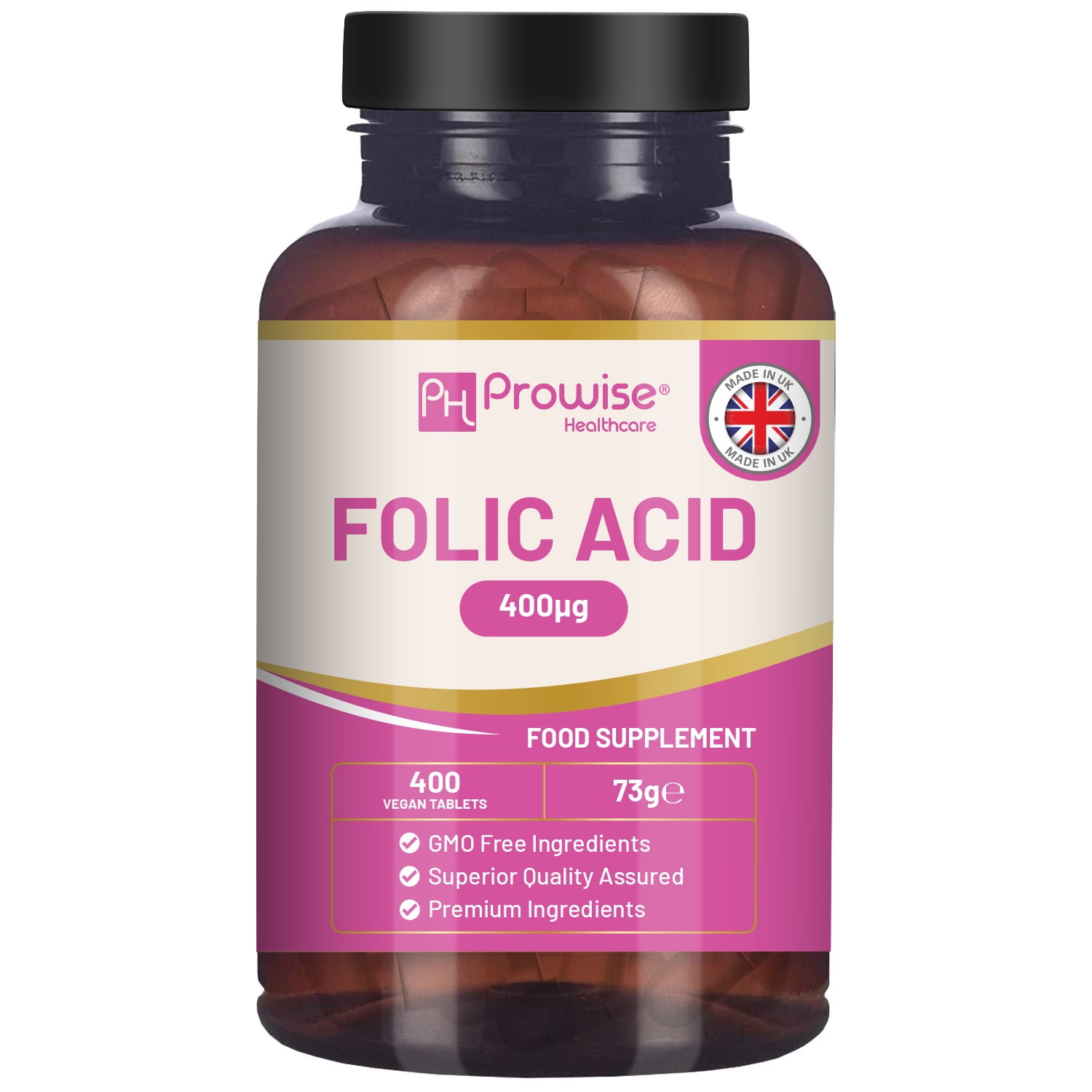 Folic Acid+ 400 mcg - Vegan Tablets with Vitamin B12 & Iodine | Vitamin B9 Tablets | Pregnancy Care Supplement - Supports Immune System & Maternal Tissue Growth | Made in UK by Prowise