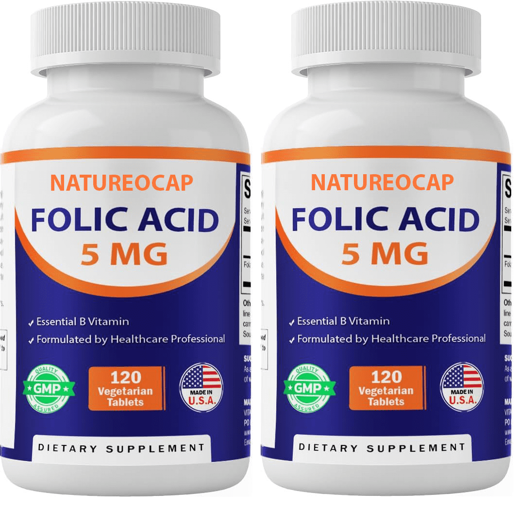 Folic Acid 5mg Cellular Health, Heart Support & Prenatal Care 120 Vegetarian Tablets [2 Bottle]