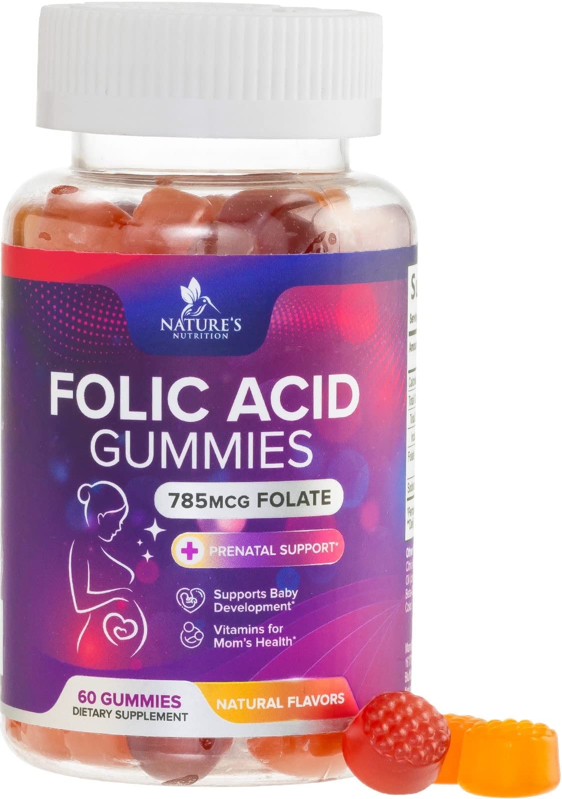 Folic Acid Gummies for Women 785 mcg - Essential Prenatal Vitamins for Mom & Baby, Vegan Folic Supplement Gummy, Daily Vitamin B9 Extra Strength Folate, Before During After Pregnancy - 60 Gummies