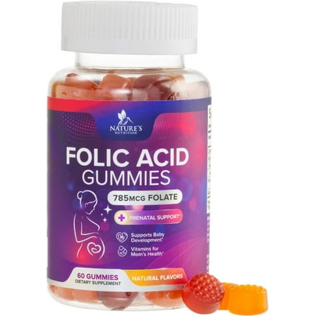 Folic Acid Gummies for Women 785 mcg - Essential Prenatal Vitamins for Mom & Baby, Vegan Folic Supplement Gummy, Daily Vitamin B9 Extra Strength Folate, Before During After Pregnancy - 60 Gummies