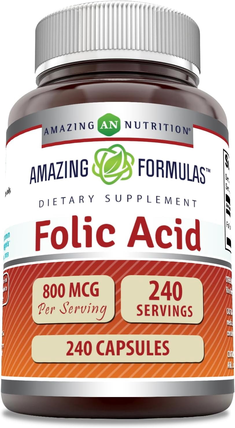 Amazing Formulas Folic Acid 800 mcg Per Serving 240 Capsules Supplement | Vitamin B9 | Non-GMO | Gluten Free