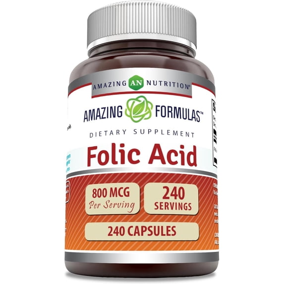 Amazing Formulas Folic Acid 800 mcg Per Serving 240 Capsules Supplement | Vitamin B9 | Non-GMO | Gluten Free