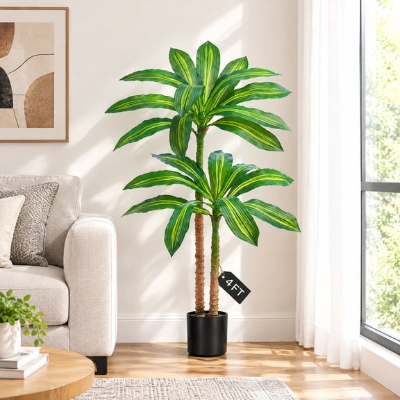 Folicool Artificial Plants, 4ft Fake Dracaena Tree in Black Plastic Pot, Faux Plants Indoor Decor, Silk Plants for Home Decor Office Porch Patio Perfect Housewarming Gift