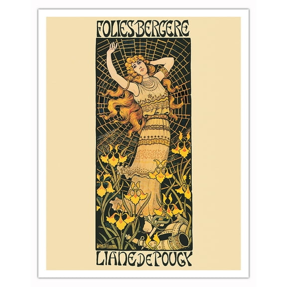 Folies-Bergère Paris - with Leading Star and Dancer Liane de Pougy - Vintage Cabaret Casino Poster by Paul Berthon c.1896 - Fine Art Matte Paper Print (Unframed) 11x14in