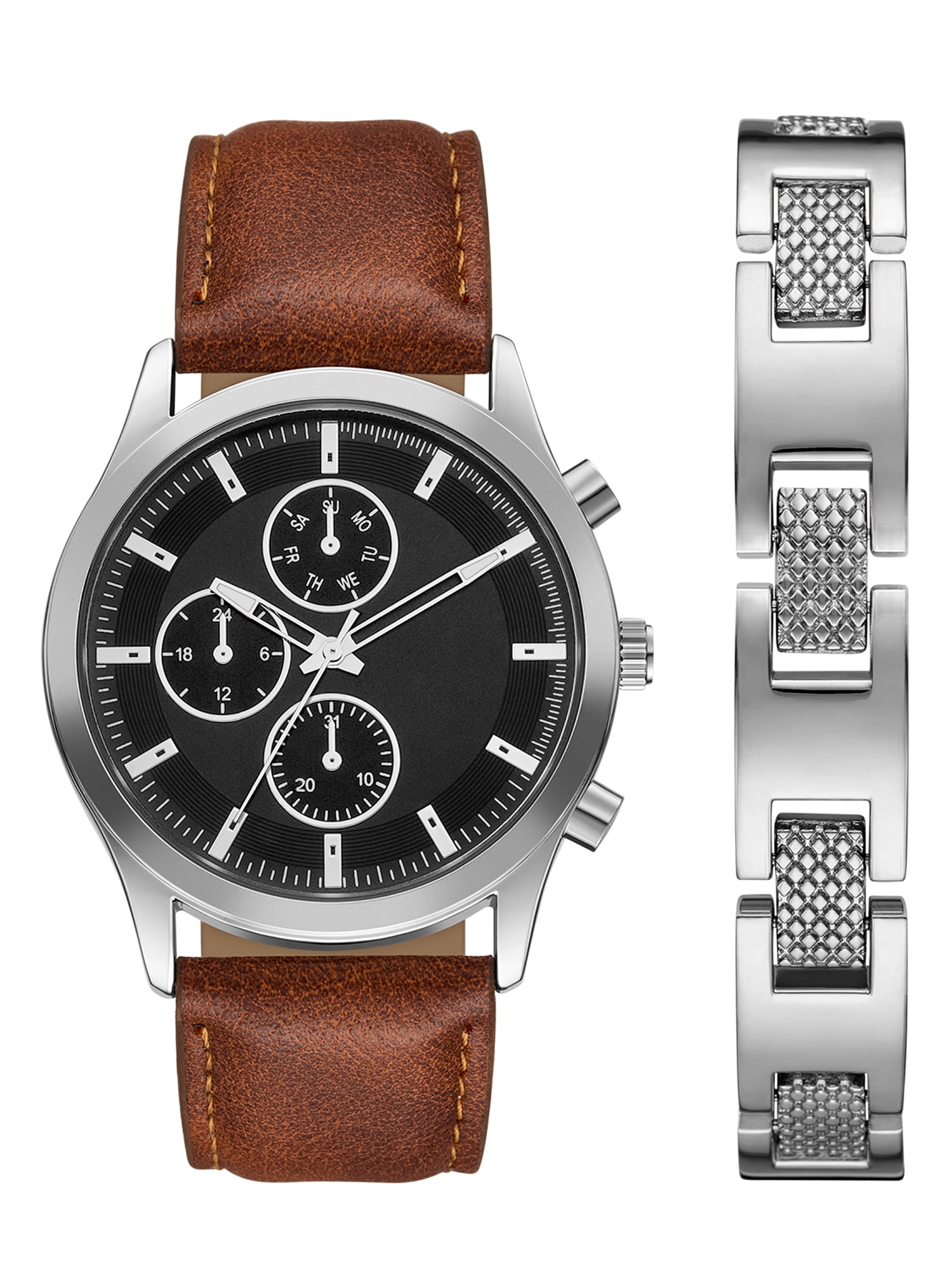 Adult Men's PU Leather Brown 44mm 2pc Wristwatch Set