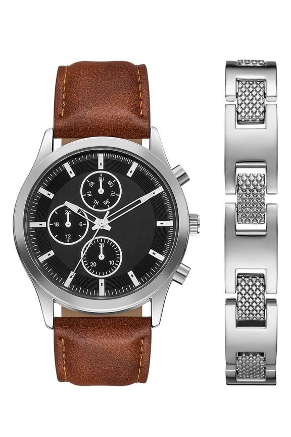 Adult Men's PU Leather Brown 44mm 2pc Wristwatch Set