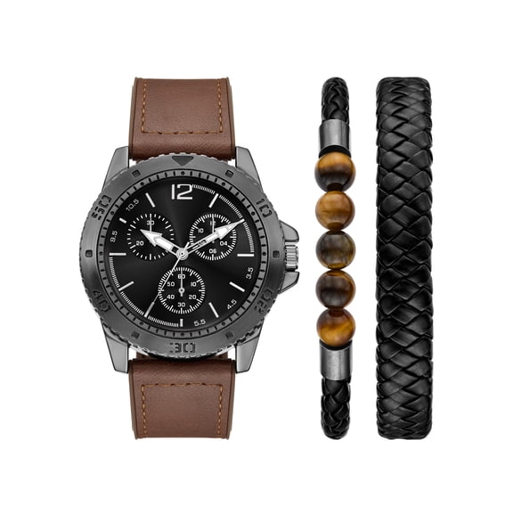 Folio Adult Men's PU Leather Brown 48mm 3pc Wristwatch Set