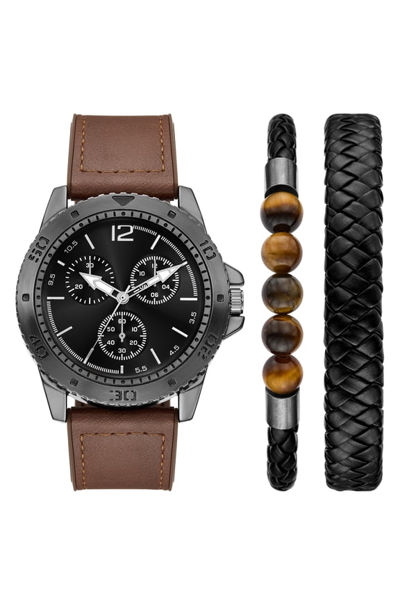 Adult Men's PU Leather Brown 48mm 3pc Wristwatch Set