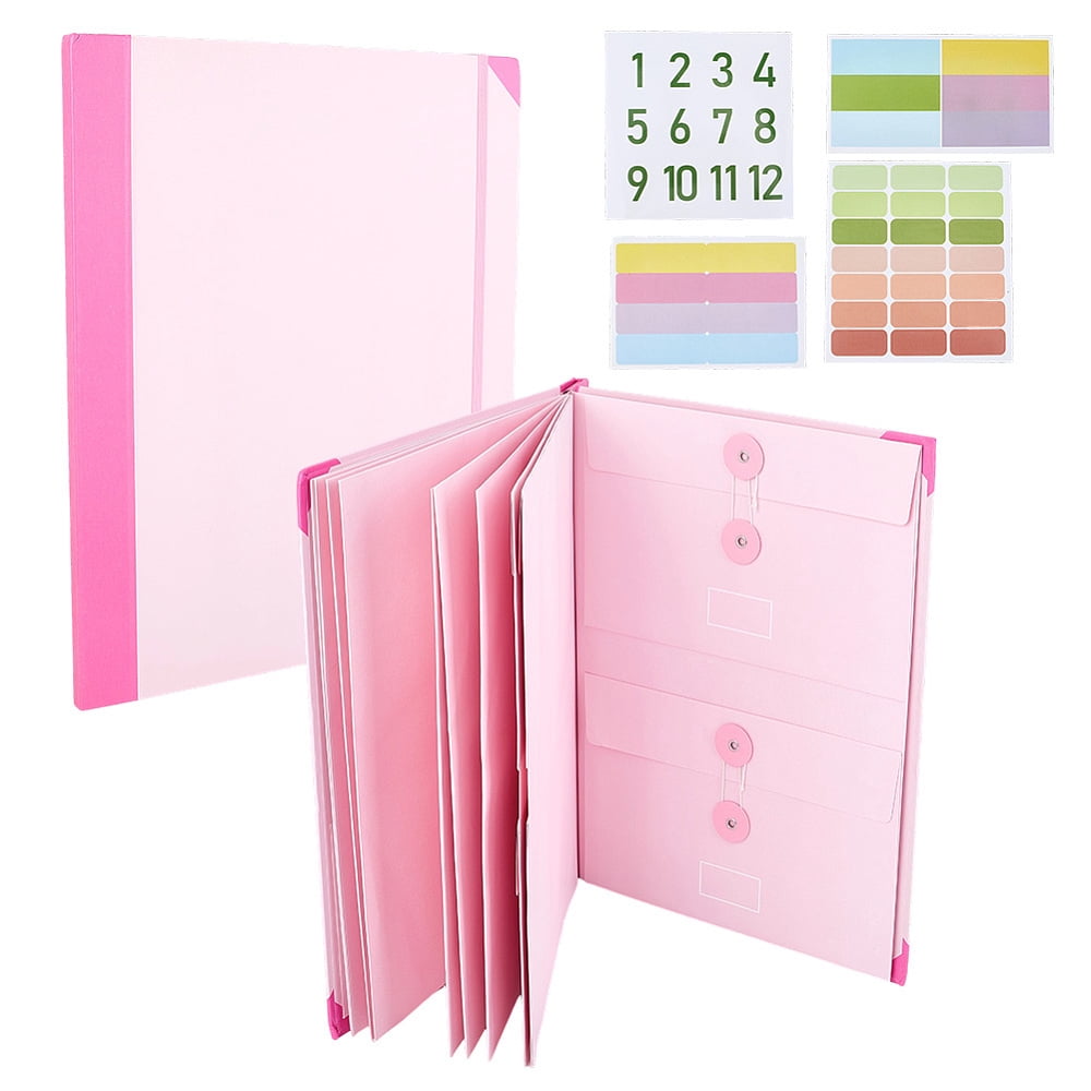 Folio Document Holder Accordion File Folder in Case I Go Missing Binder Pink Expandable Paper File Pockets Bags with Stickers DIY