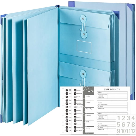 Folio Document Organizer with Labels, Important Folders with Pockets,File Stylish Binder for Storing Important Papers, Certificates, Passports, Photos, and Letters (Blue)