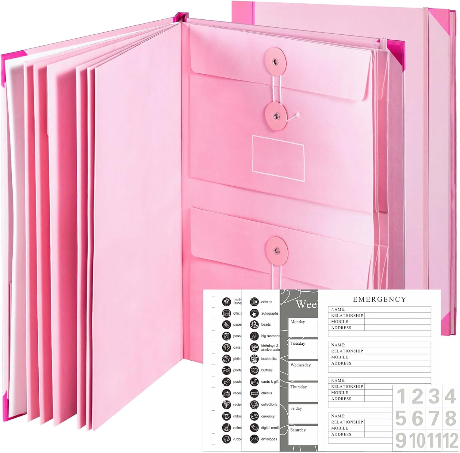 Folio Document Organizer with Labels, Important Folders with Pockets,File Stylish Binder for Storing Important Papers, Certificates, Passports, Photos, and Letters (Pink)