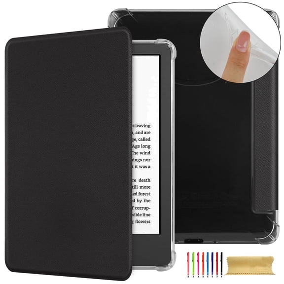 Folio Flip Case for Amazon Kindle 11th Generation 2022, Clear Soft TPU Back Protective PU Leather Magnetic Adsorption Cover Auto Sleep/Wake for Amazon Kindle 6 Inch 2024 - Black