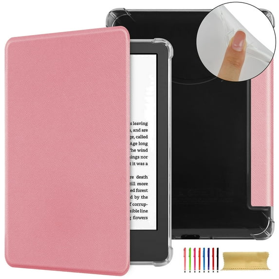 Folio Flip Case for Amazon Kindle 11th Generation 2022, Clear Soft TPU Back Protective PU Leather Magnetic Adsorption Cover Auto Sleep/Wake for Amazon Kindle 6 Inch 2024 - Pink