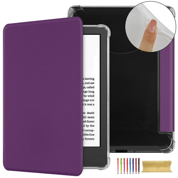 Folio Flip Case for Amazon Kindle 11th Generation 2022, Clear Soft TPU Back Protective PU Leather Magnetic Adsorption Cover Auto Sleep/Wake for Amazon Kindle 6 Inch 2024 - Purple