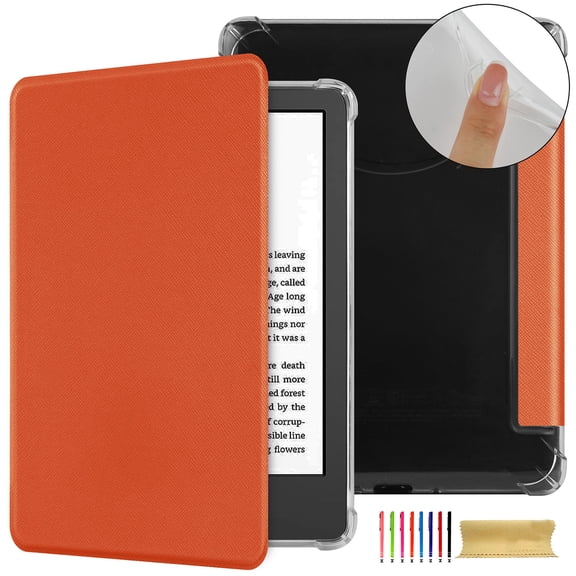 Folio Flip Case for Amazon Kindle 11th Generation 2022, Clear Soft TPU Back Protective PU Leather Magnetic Adsorption Cover Auto Sleep/Wake for Amazon Kindle 6 Inch 2024 - Orange