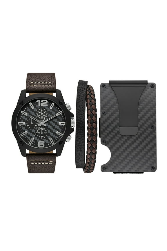 Men's 48mm Leather and Black Metal Matte Round Wristwatch, Black & Brown