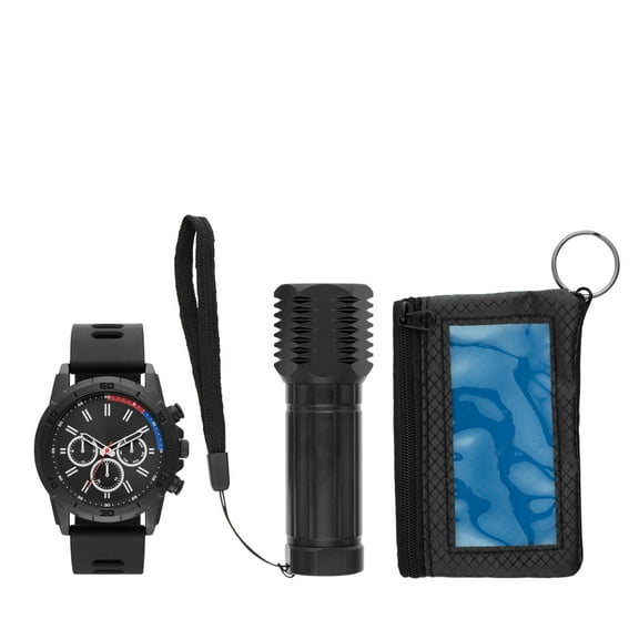 Folio Men's Black Round Analog Watch with Black Silicone Band, Black Flashlight and Black Canvas Card Case Gift Set