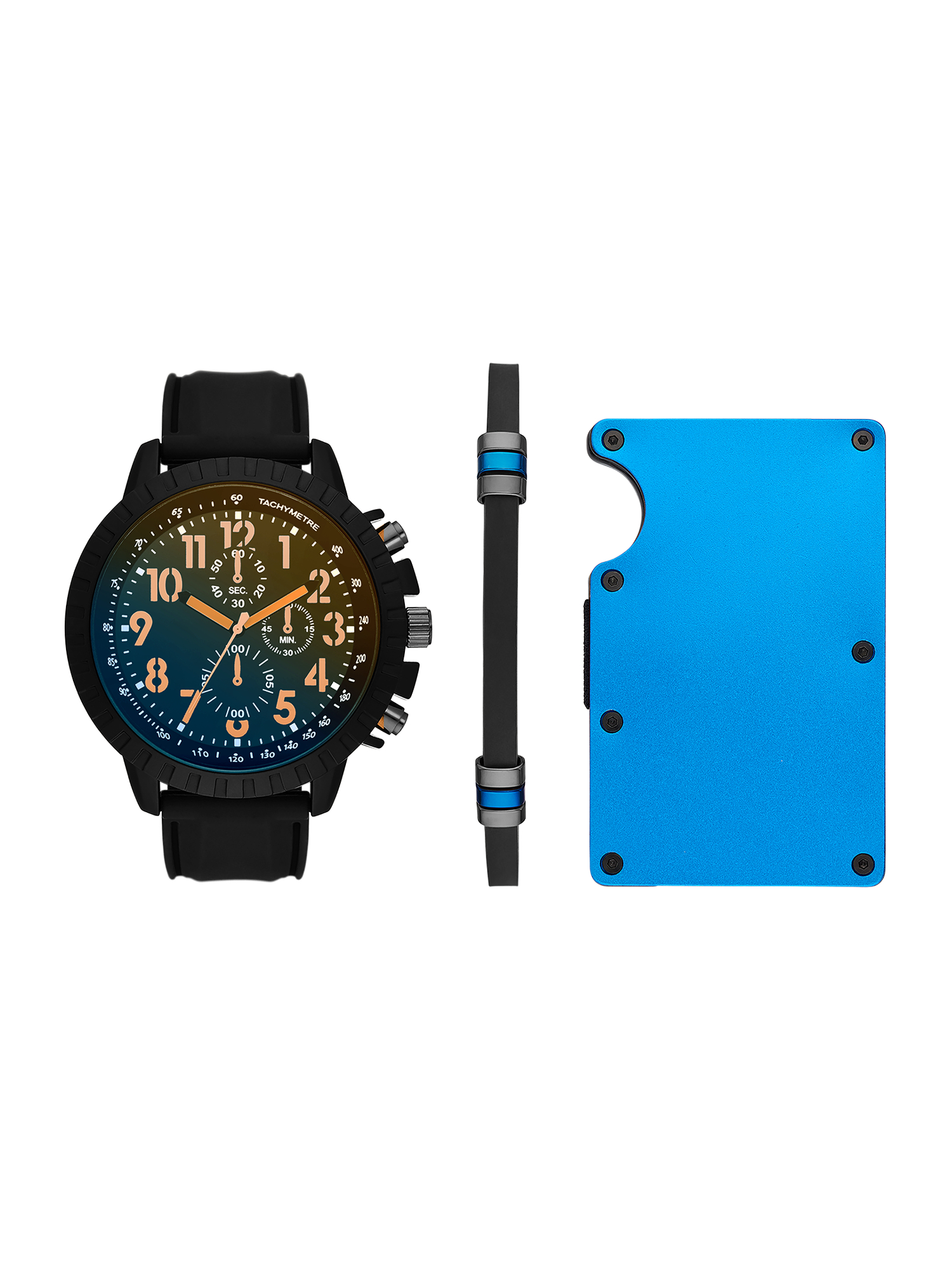 Folio Men's Black Round Analog Watch with Black Silicone Strap, Fashion Bracelet and Blue Metal Card Case Gift Set (FMDAL1141) - image 1 of 3