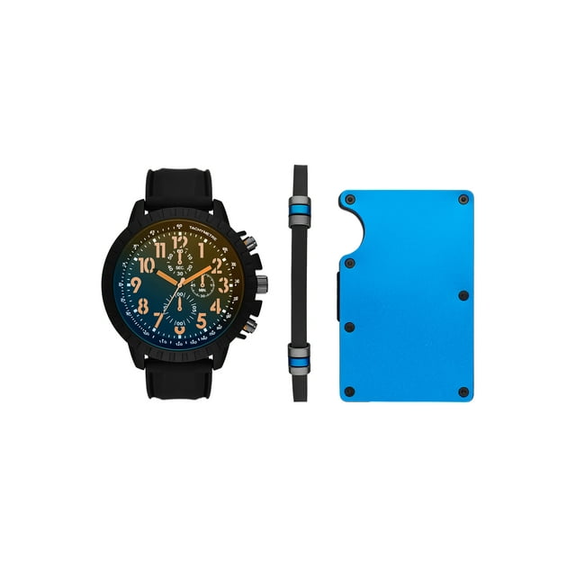 Folio Men's Black Round Analog Watch with Black Silicone Strap, Fashion Bracelet and Blue Metal Card Case Gift Set (FMDAL1141)