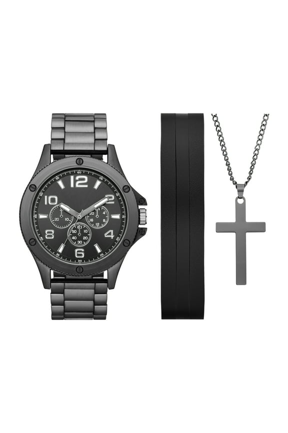 Men's Gift Set; Gunmetal Tone Bracelet Watch, Gunmetal Sunray Dial with Faux Leather Multi strand Bracelet and Gunmetal Tone Cross Pendant (FMDAL1182)