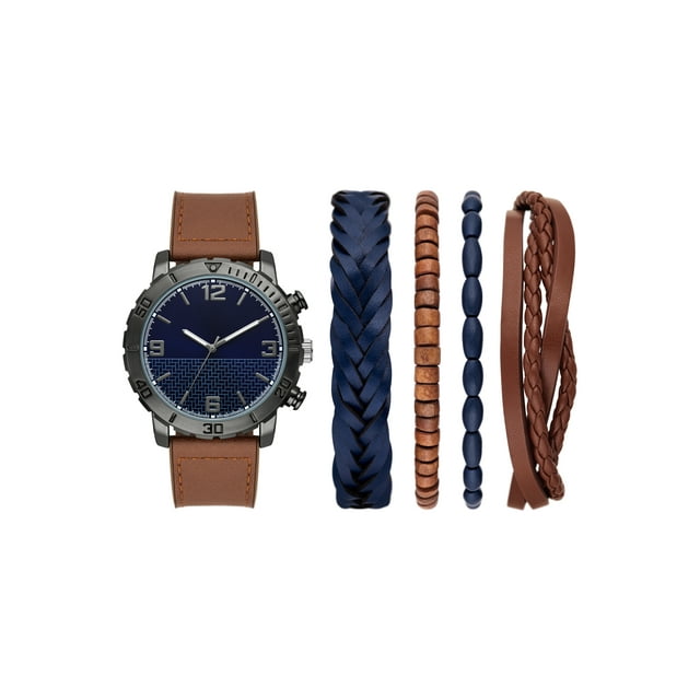 Folio Men's Gift Set; Gunmetal Tone Round Case, Blue Sunray Dial, Brown Vegan Leather Strap and Layered Bracelets (FMDAL1187)