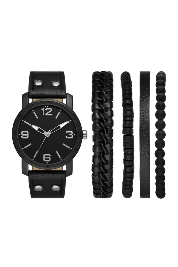 Men's Gift Set; Gunmetal Tone Round Case with Black Vegan Leather Strap and Multi Layered Bracelets (FMDAL1179)