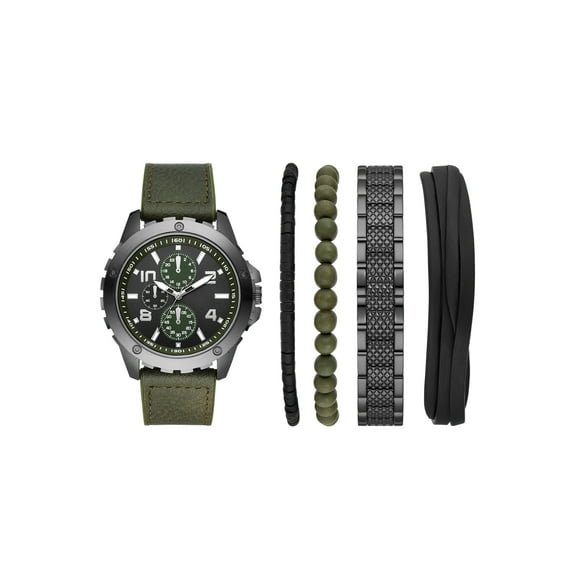Folio Men's Gift Set; Gunmetal Tone Round Case with Green Vegan Leather Watch Strap and Multi Layered Bracelets (FMDAL1178)