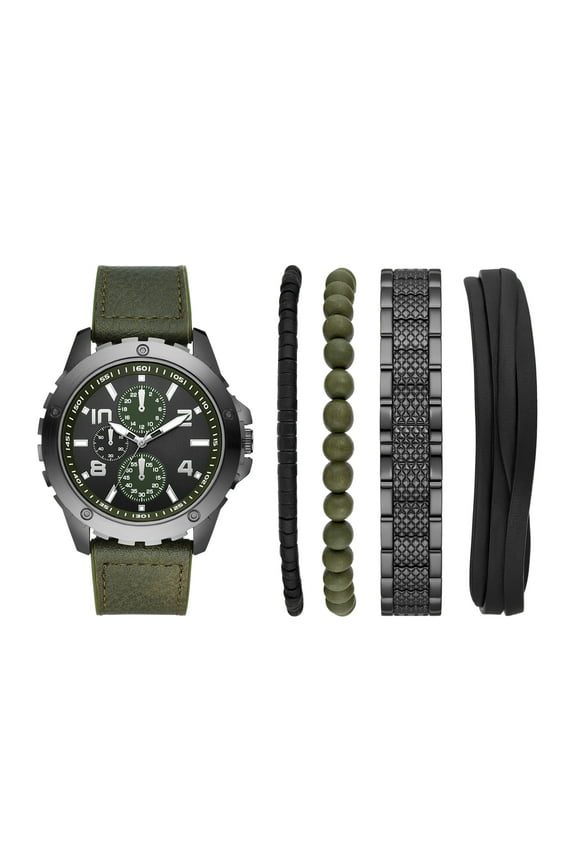 Men's Gift Set; Gunmetal Tone Round Case with Green Vegan Leather Watch Strap and Multi Layered Bracelets (FMDAL1178)
