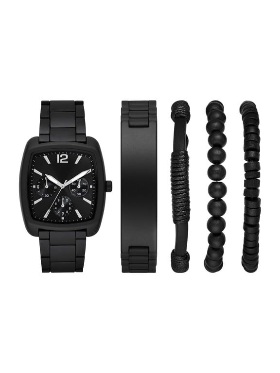 Men's Gift Set; Matte Black Barrel Case Bracelet Watch, Gunmetal Sunray Dial with Layered Bracelets (FMDAL1185)