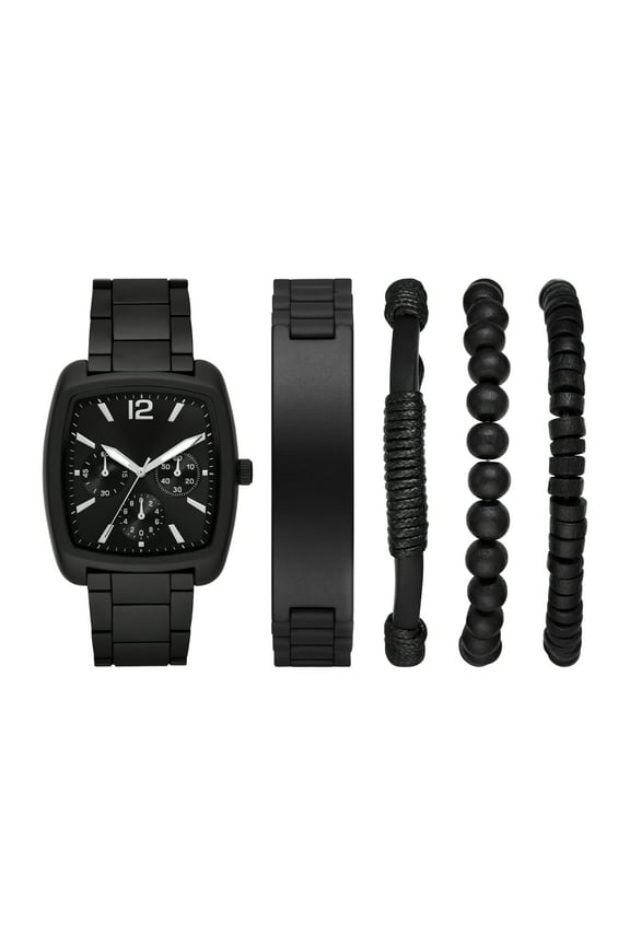 Men's Gift Set; Matte Black Barrel Case Bracelet Watch, Gunmetal Sunray Dial with Layered Bracelets (FMDAL1185)