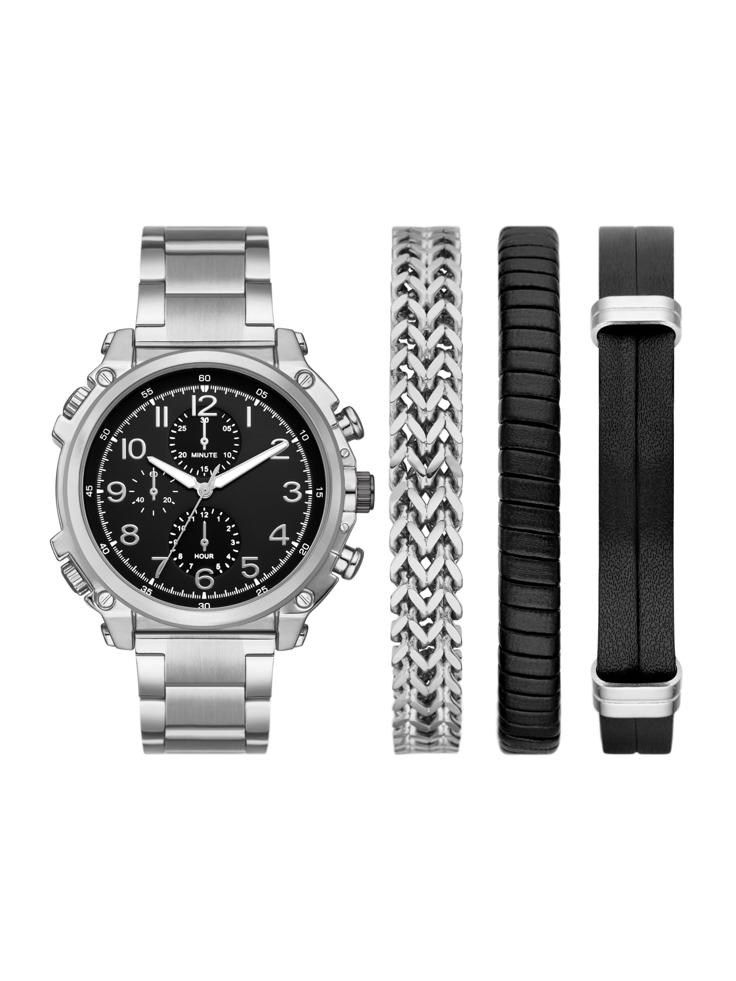 Folio Men's Gift Set; Silver Tone Bracelet Watch, Black Sunray