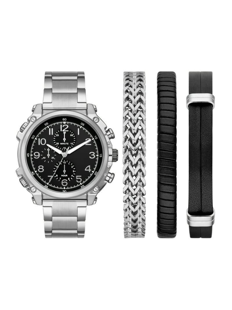 Folio Men's Gift Set; Silver Tone Bracelet Watch, Black Sunray