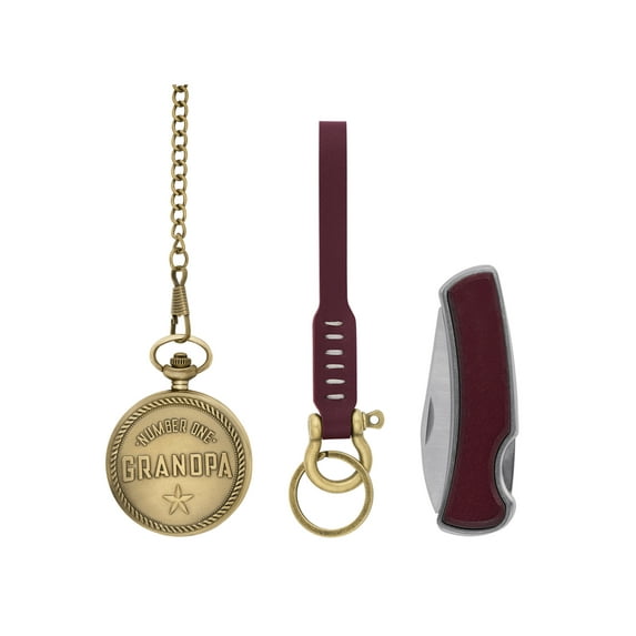 Folio Men's Gold Tone Pocket Watch with Faux Leather Braided Bracelet and Wood Tone Multi-Tool Gift Set