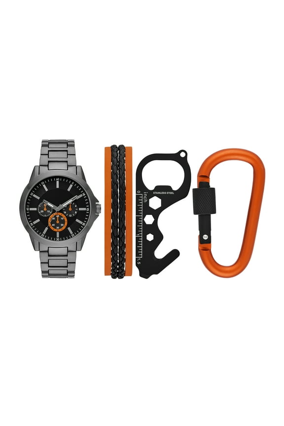 Men's Gunmetal Tone Round Analog Bracelet Watch with Braided Bracelet, Orange Metal Carabiner and Black Multi-tool Gift Set (FMDAL1142)