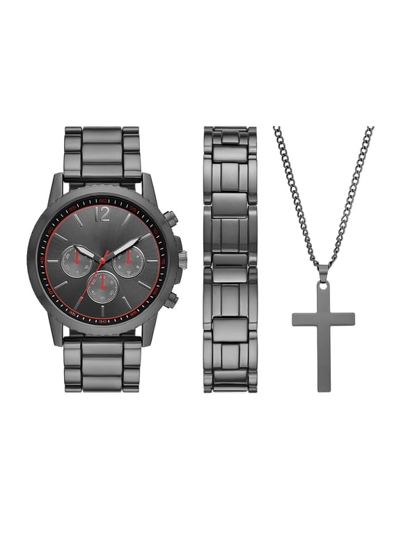 Men's Gunmetal Tone Round Analog Bracelet Watch with Matching Bracelet and Cross Pendant Gift Set (FMDAL1148)