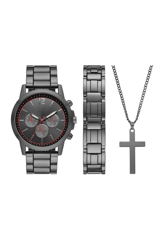 Men's Gunmetal Tone Round Analog Bracelet Watch with Matching Bracelet and Cross Pendant Gift Set (FMDAL1148)