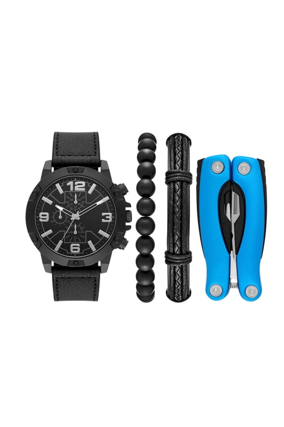 Men's Gunmetal Tone Round Analog Watch with Black Faux Leather Band, Layered Bracelets and Blue Multi-Tool Gift Set