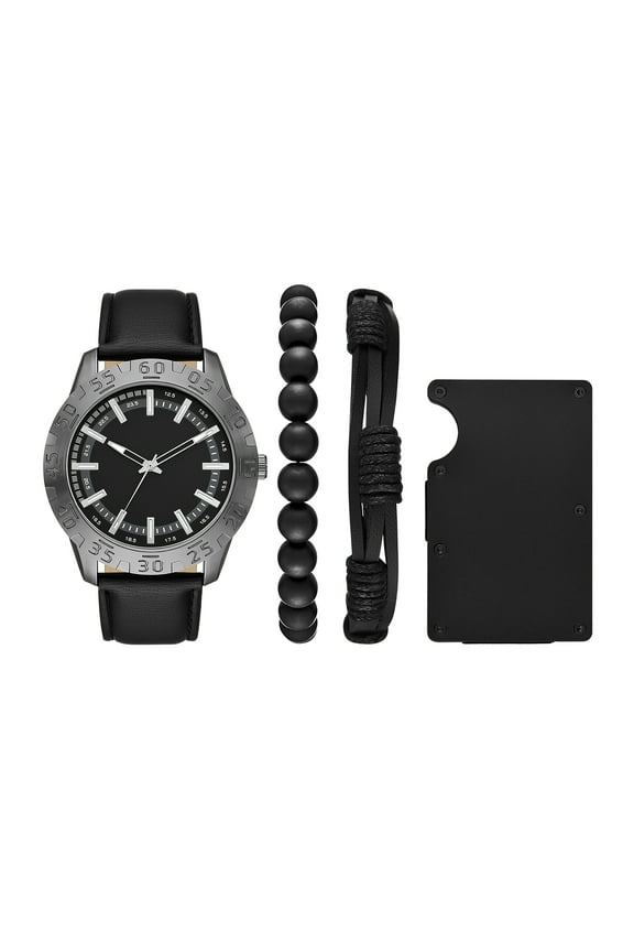 Men's Gunmetal Tone Round Analog Watch with Black Faux Leather Strap, Layered Bracelets and Black Metal Card Case Gift Set (FMDAL1143)