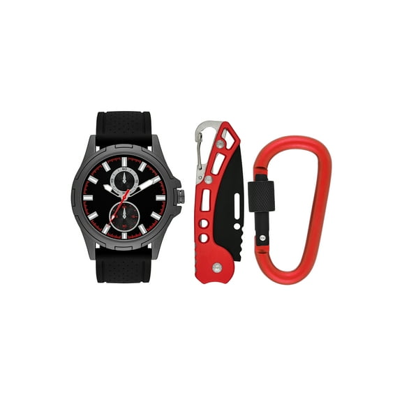 Folio Men's Gunmetal Tone Round Analog Watch with Black Silicone Strap, Black and Red Carabiner and Read Multi-tool Gift Set (FMDAL1154)