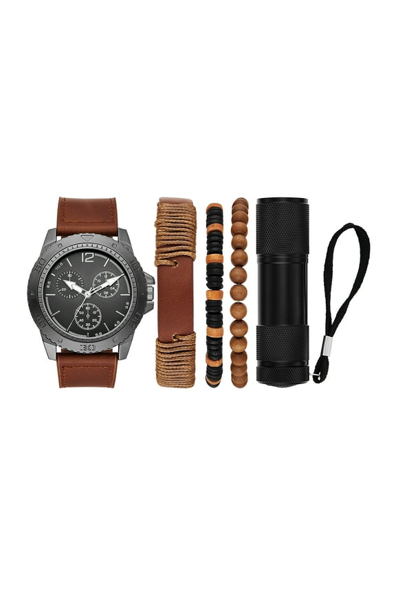 Men's Gunmetal Tone Round Analog Watch with Brown Faux Leather Strap, Layered Bracelets and Black Flashlight Gift Set (FMDAL1163)